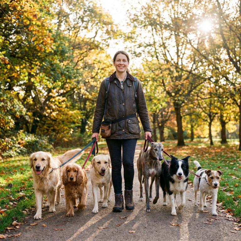 Professional dog walker leading six dogs along a path in a sunlit autumnal park.